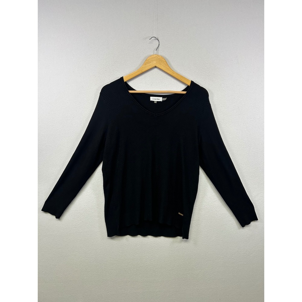 Minimalist Calvin Klein Womens Medium Black V-Neck Textured Chevron Knit Sweater